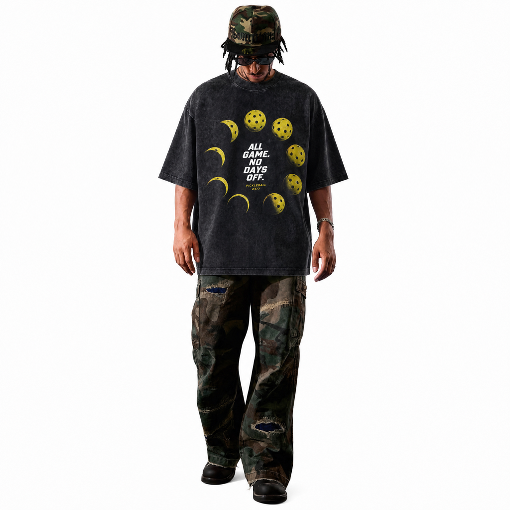 Vintage Acid Wash All Game No Days Off Pickleball Moon Phase Oversized Graphic T-Shirt