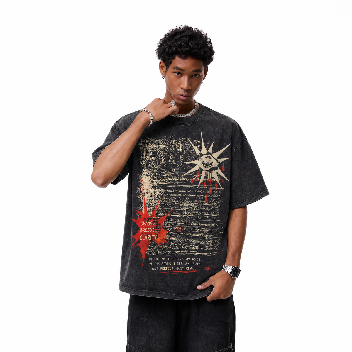 Vintage Acid Wash Chaos Breeds Clarity Grunge Sun Eye Oversized Streetwear Graphic T-Shirt