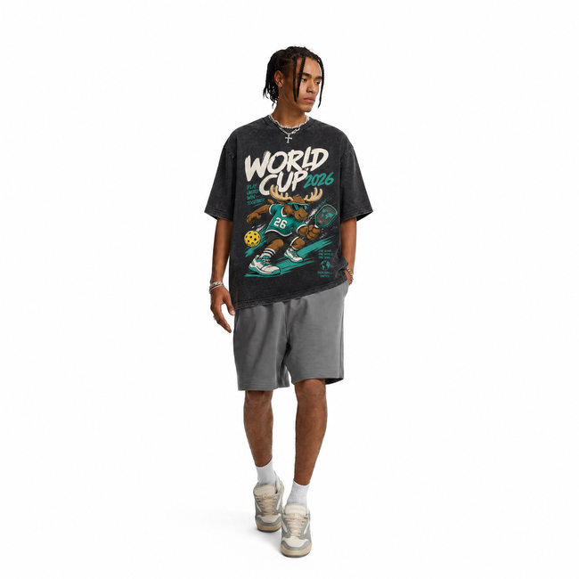 Vintage Acid Wash World Cup 2026 Pickleball Moose Mascot Oversized Graphic T-Shirt Main Image