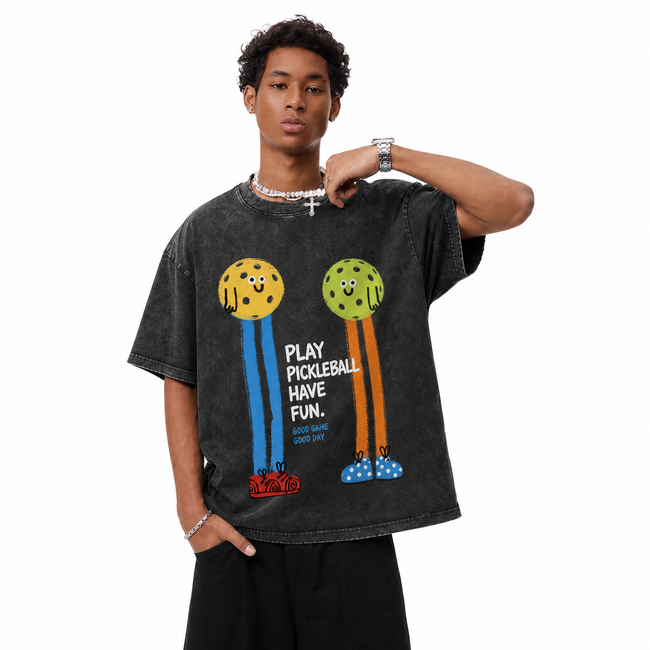 Vintage Acid Wash Play Pickleball Have Fun Cartoon Characters Oversized T-Shirt Main Image