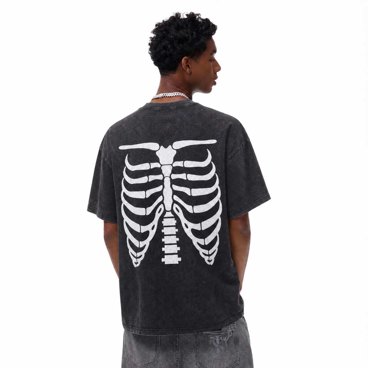 Vintage Acid Wash Skeleton Rib Cage Oversized Graphic T-Shirt