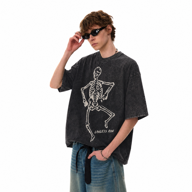 Vintage Acid Wash Dancing Skeleton LAWLESS ROW Oversized Graphic T-Shirt Main Image