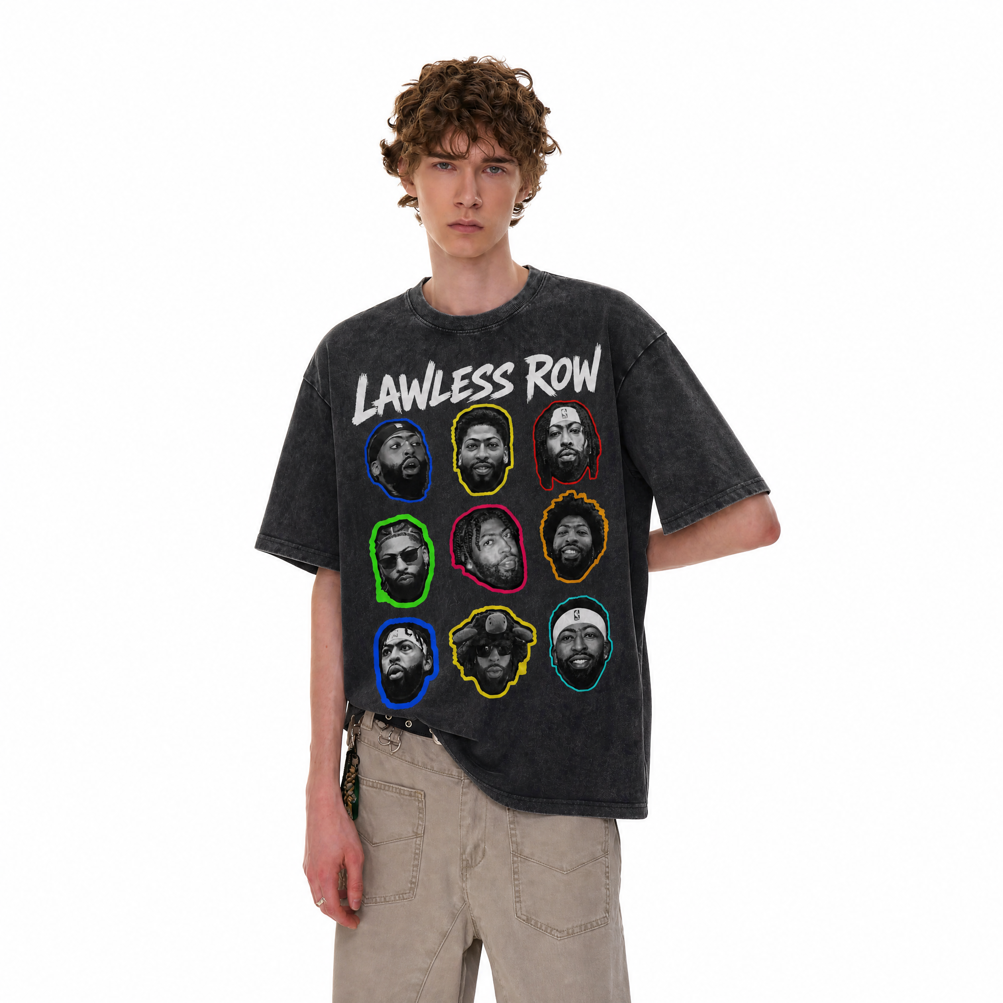 Vintage Acid Wash Anthony Davis Faces LAWLESS ROW Oversized Graphic T-Shirt