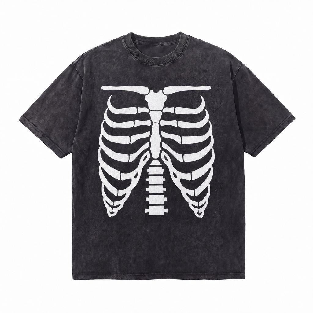 Vintage Acid Wash Skeleton Rib Cage Oversized Graphic T-Shirt