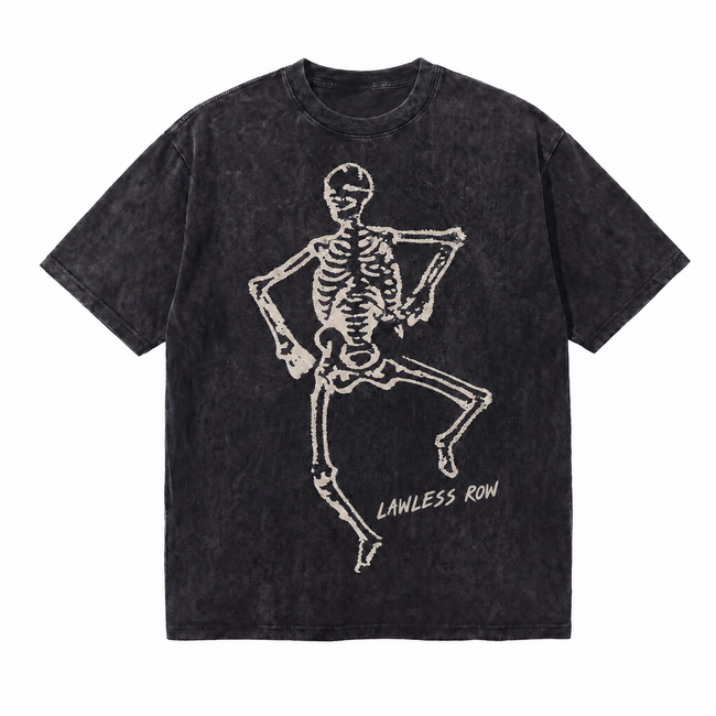 Vintage Acid Wash Dancing Skeleton LAWLESS ROW Oversized Graphic T-Shirt Hover Image