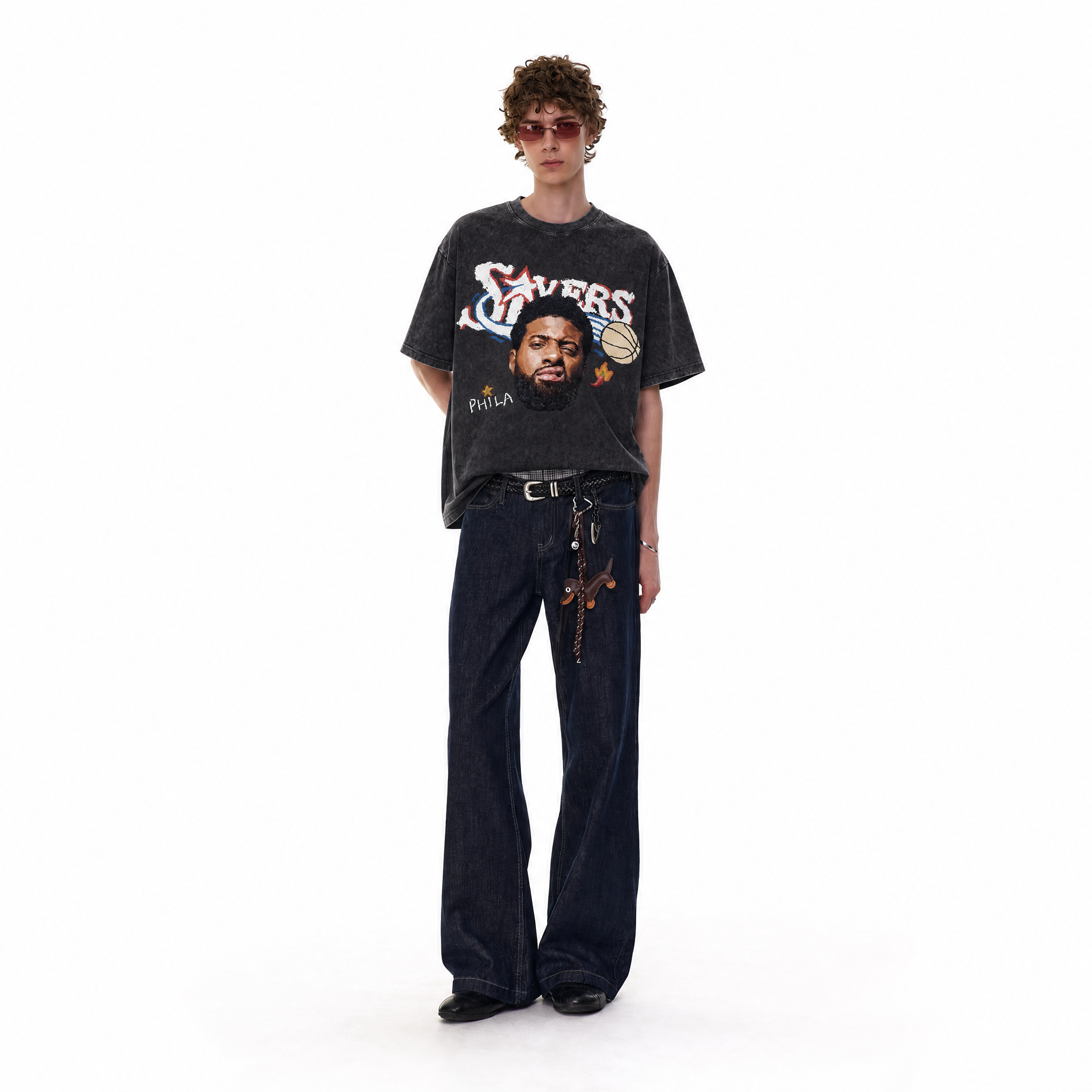 Vintage Acid Wash Basketball Star Oversized Graphic T-Shirt