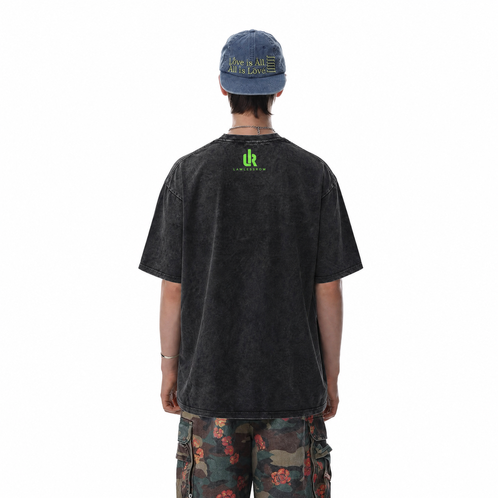 Vintage Acid Wash Green Alien Peace Sign Oversized Graphic T-Shirt