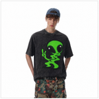 Vintage Acid Wash Green Alien Peace Sign Oversized Graphic T-Shirt