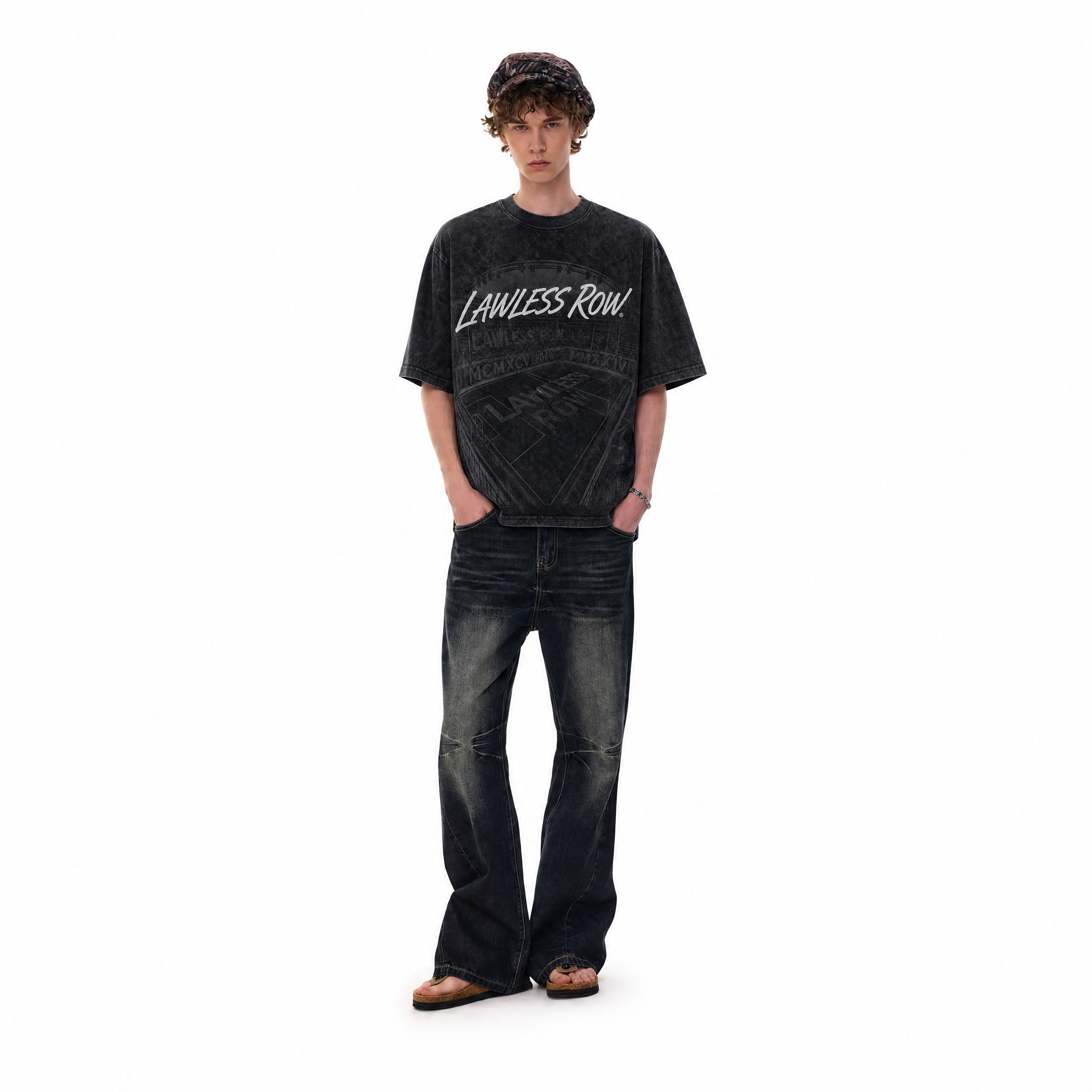 Vintage Acid Wash LAWLESS ROW Stadium Oversized Graphic T-Shirt