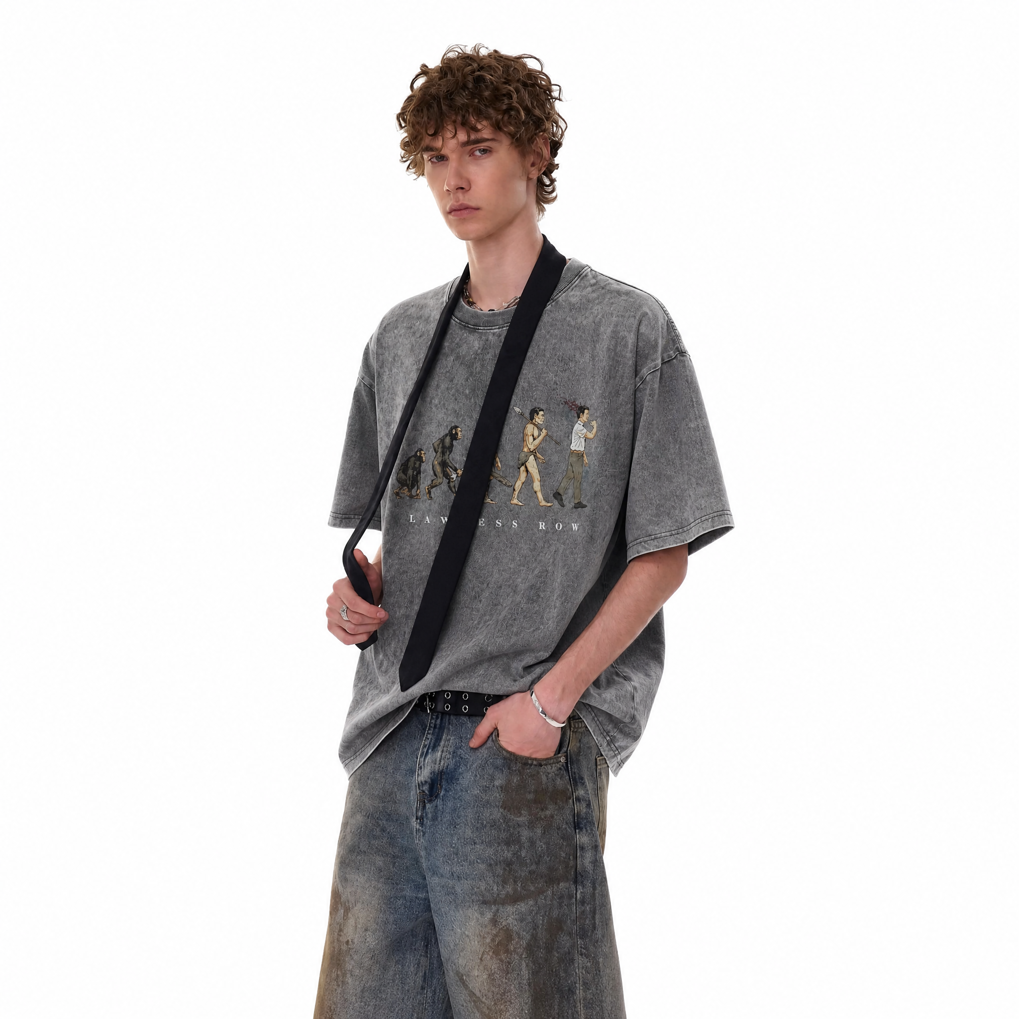 Vintage Acid Wash Lawless Row Evolution Parody Graphic Oversized T-Shirt