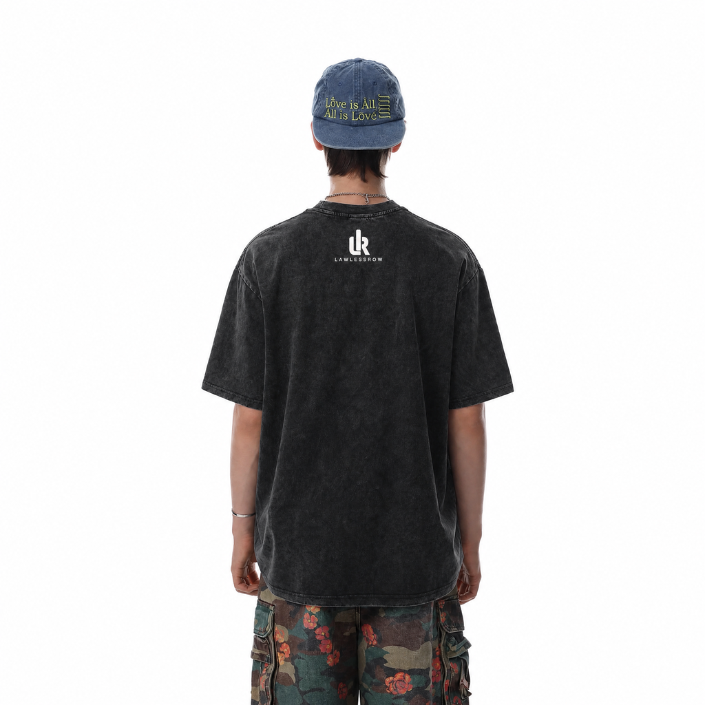 Vintage Acid Wash LAWLESS ROW Layered Logo Collage Oversized Graphic T-Shirt