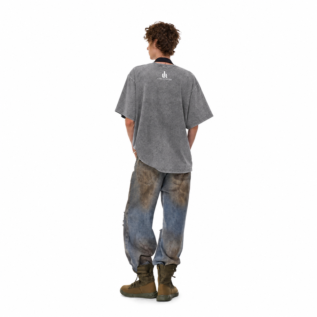 Vintage Acid Wash Lawless Row Evolution Parody Graphic Oversized T-Shirt