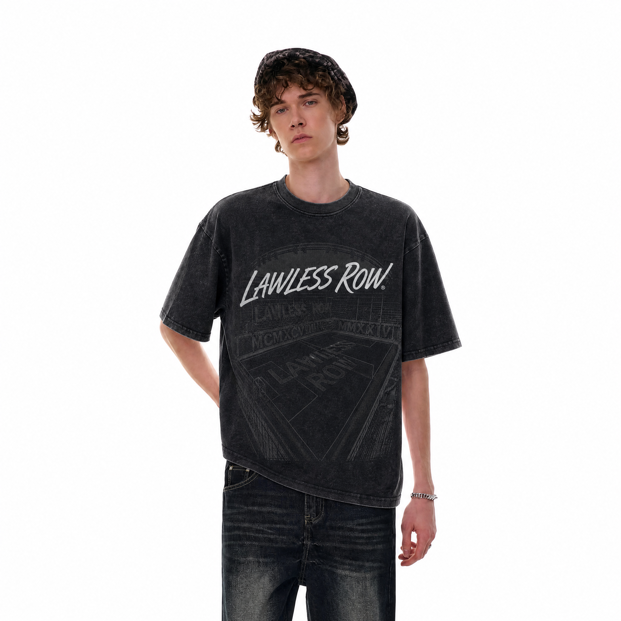 Vintage Acid Wash LAWLESS ROW Stadium Oversized Graphic T-Shirt
