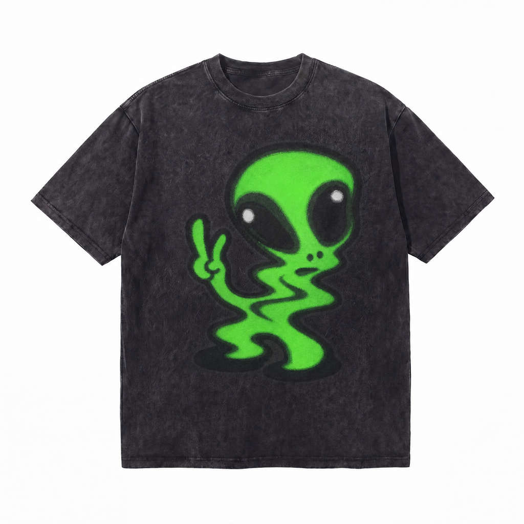 Vintage Acid Wash Green Alien Peace Sign Oversized Graphic T-Shirt