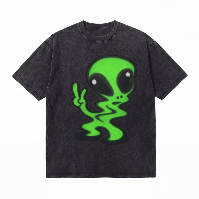 Vintage Acid Wash Green Alien Peace Sign Oversized Graphic T-Shirt Hover Image