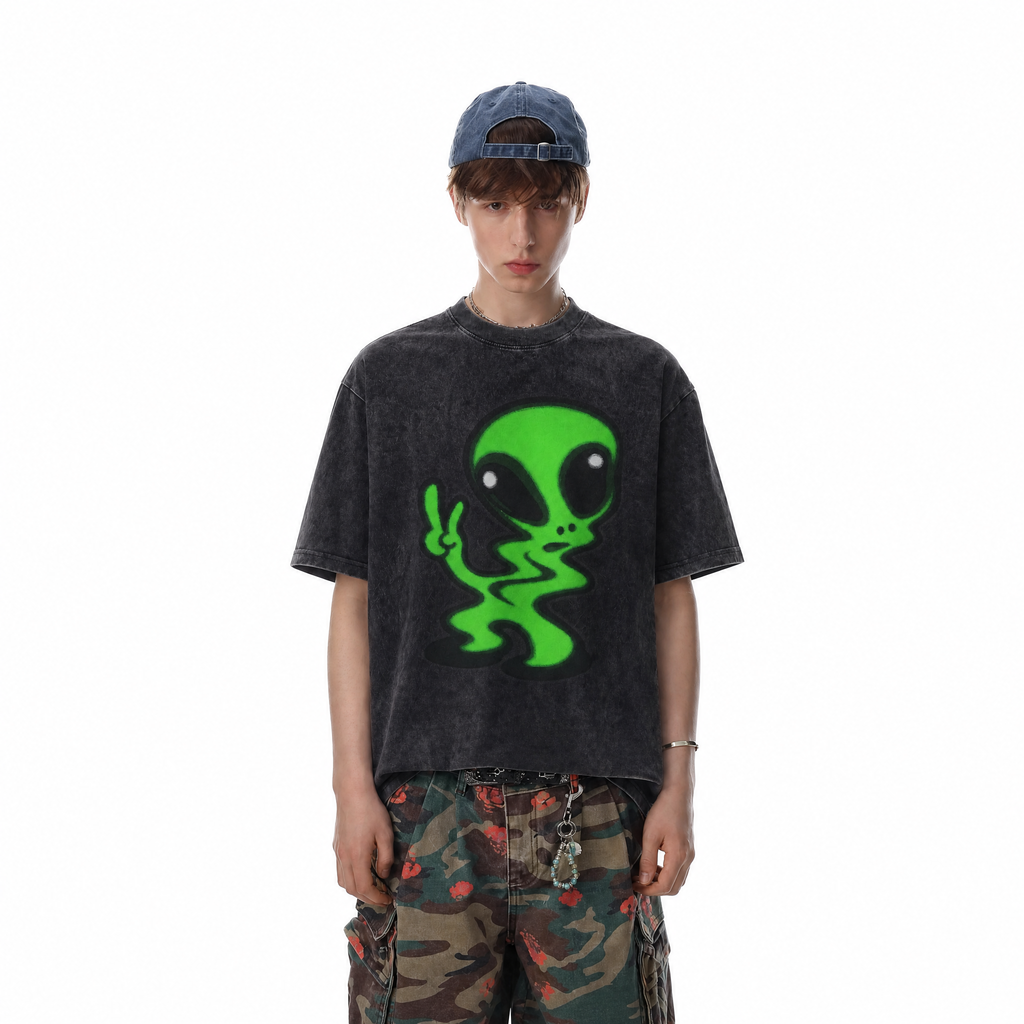 Vintage Acid Wash Green Alien Peace Sign Oversized Graphic T-Shirt