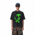 Vintage Acid Wash Green Alien Peace Sign Oversized Graphic T-Shirt