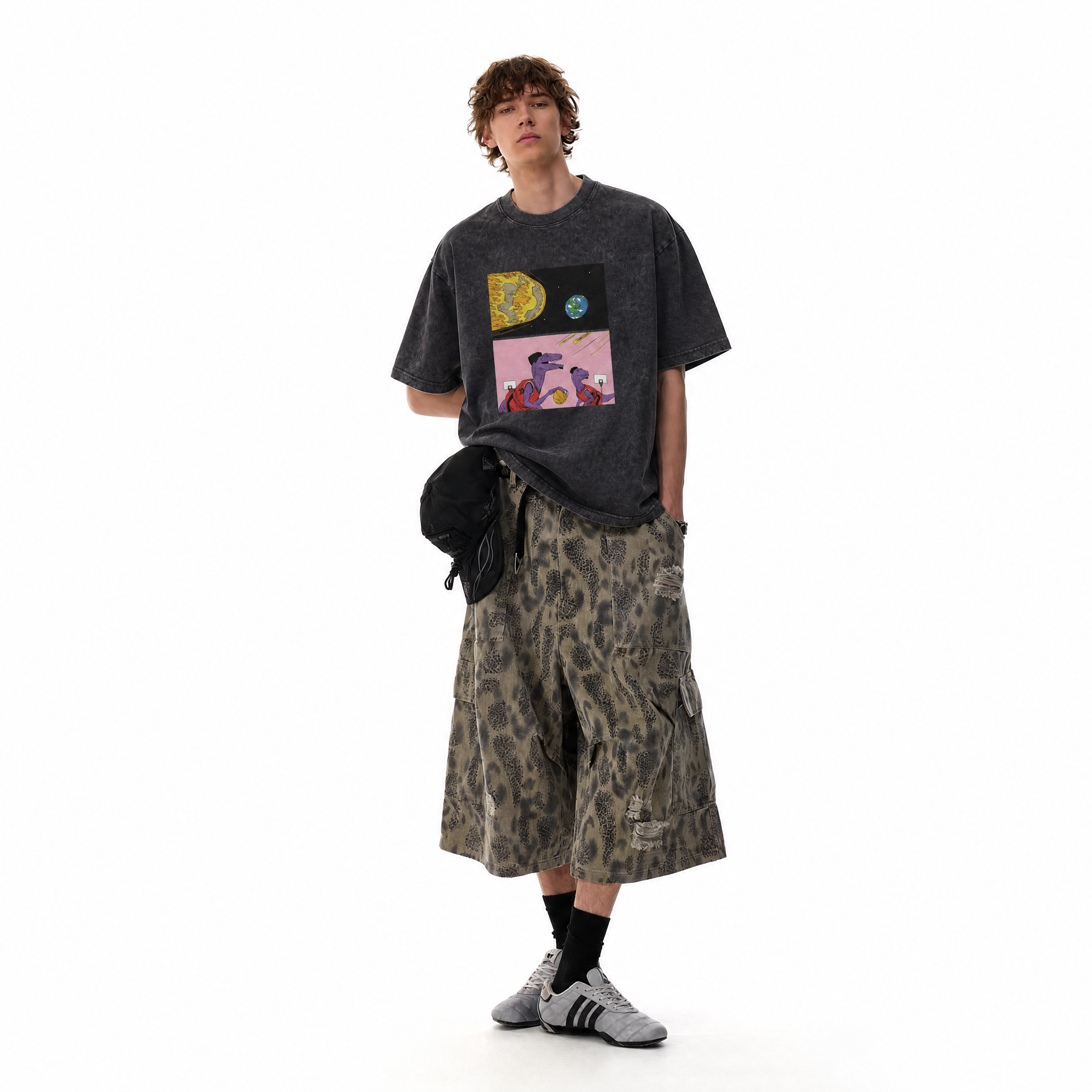 Vintage Acid Wash Dinosaur Basketball Asteroid Parody Oversized Graphic T-Shirt