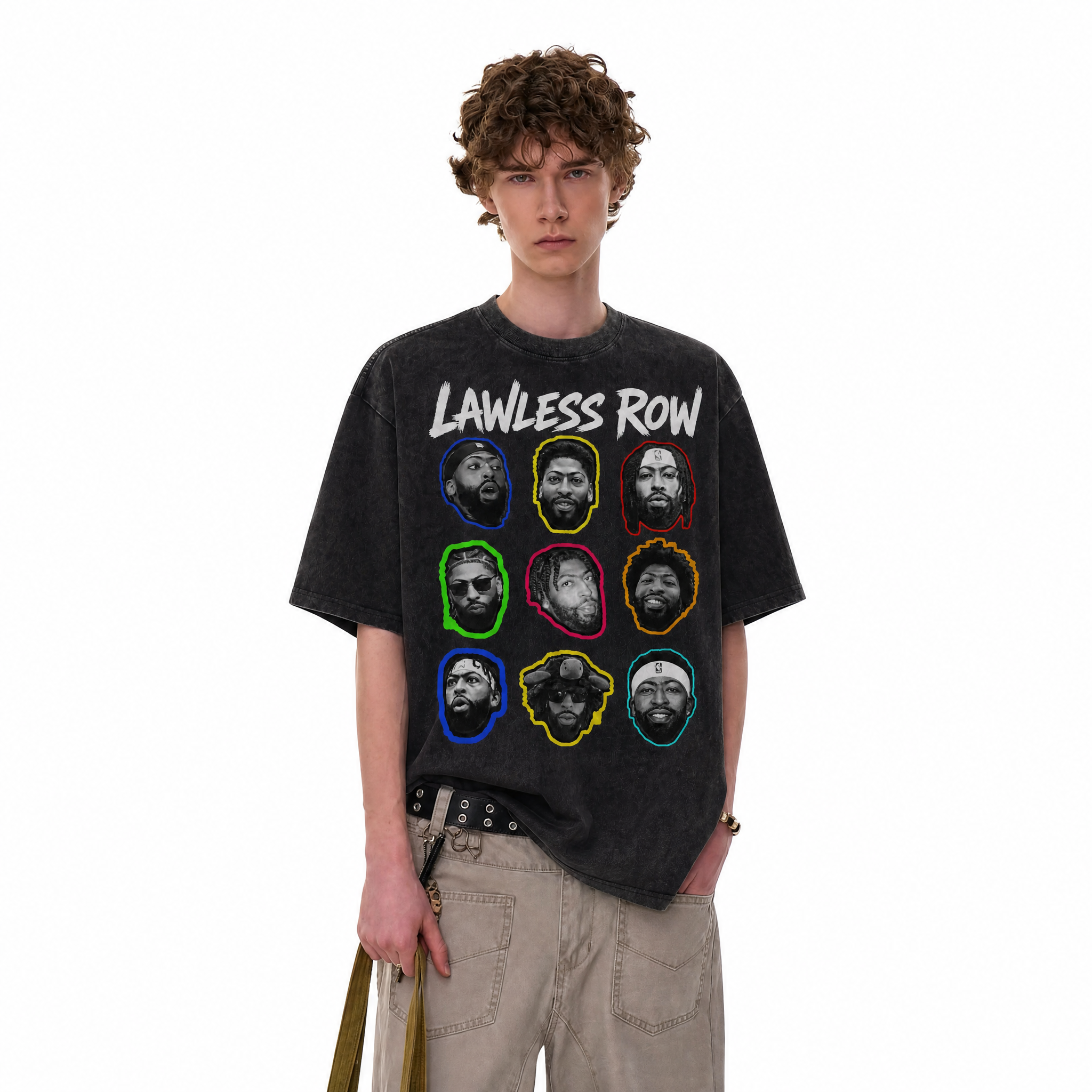 Vintage Acid Wash Anthony Davis Faces LAWLESS ROW Oversized Graphic T-Shirt