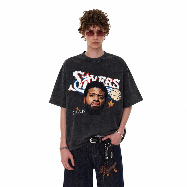 Vintage Acid Wash Basketball Star Oversized Graphic T-Shirt Main Image