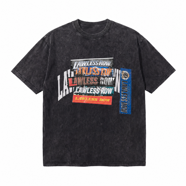 Vintage Acid Wash LAWLESS ROW Layered Logo Collage Oversized Graphic T-Shirt Hover Image
