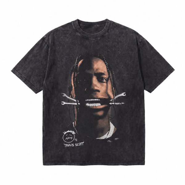 Vintage Acid Wash Travis Scott Wrench Mouth Portrait Oversized Graphic T-Shirt