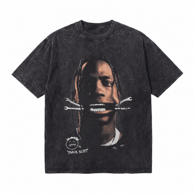 Vintage Acid Wash Travis Scott Wrench Mouth Portrait Oversized Graphic T-Shirt Hover Image