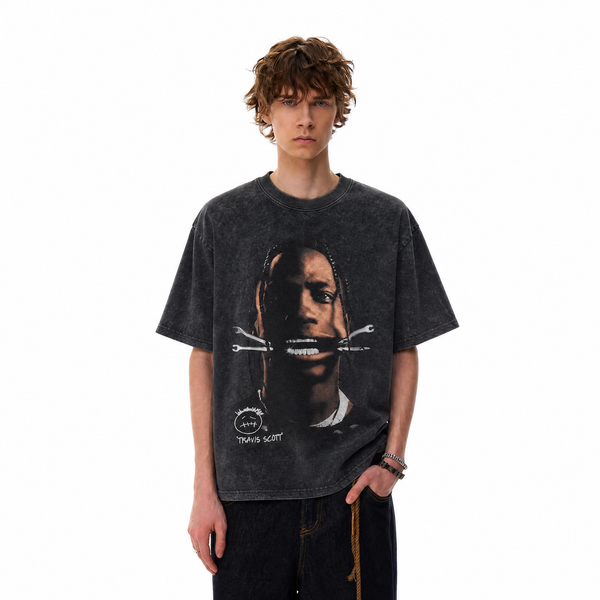 Vintage Acid Wash Travis Scott Wrench Mouth Portrait Oversized Graphic T-Shirt - hover