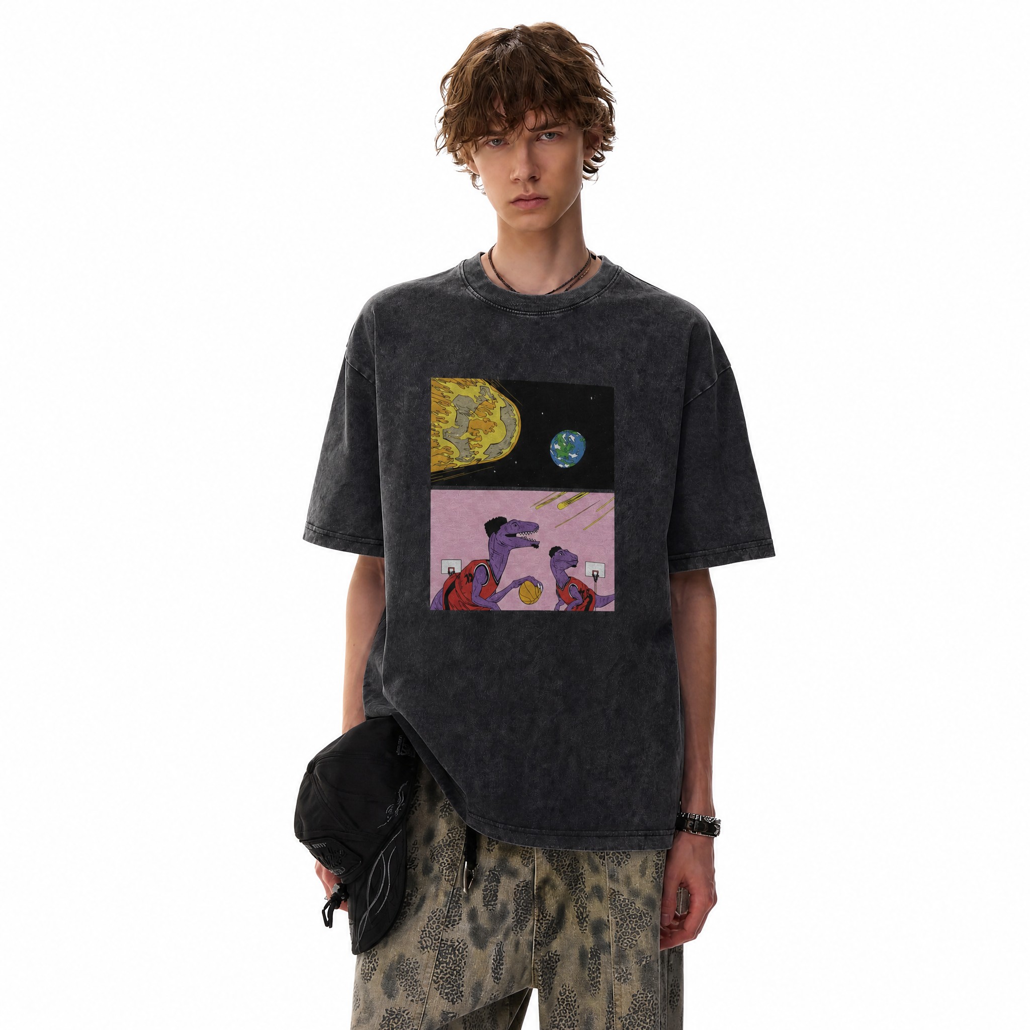Vintage Acid Wash Dinosaur Basketball Asteroid Parody Oversized Graphic T-Shirt
