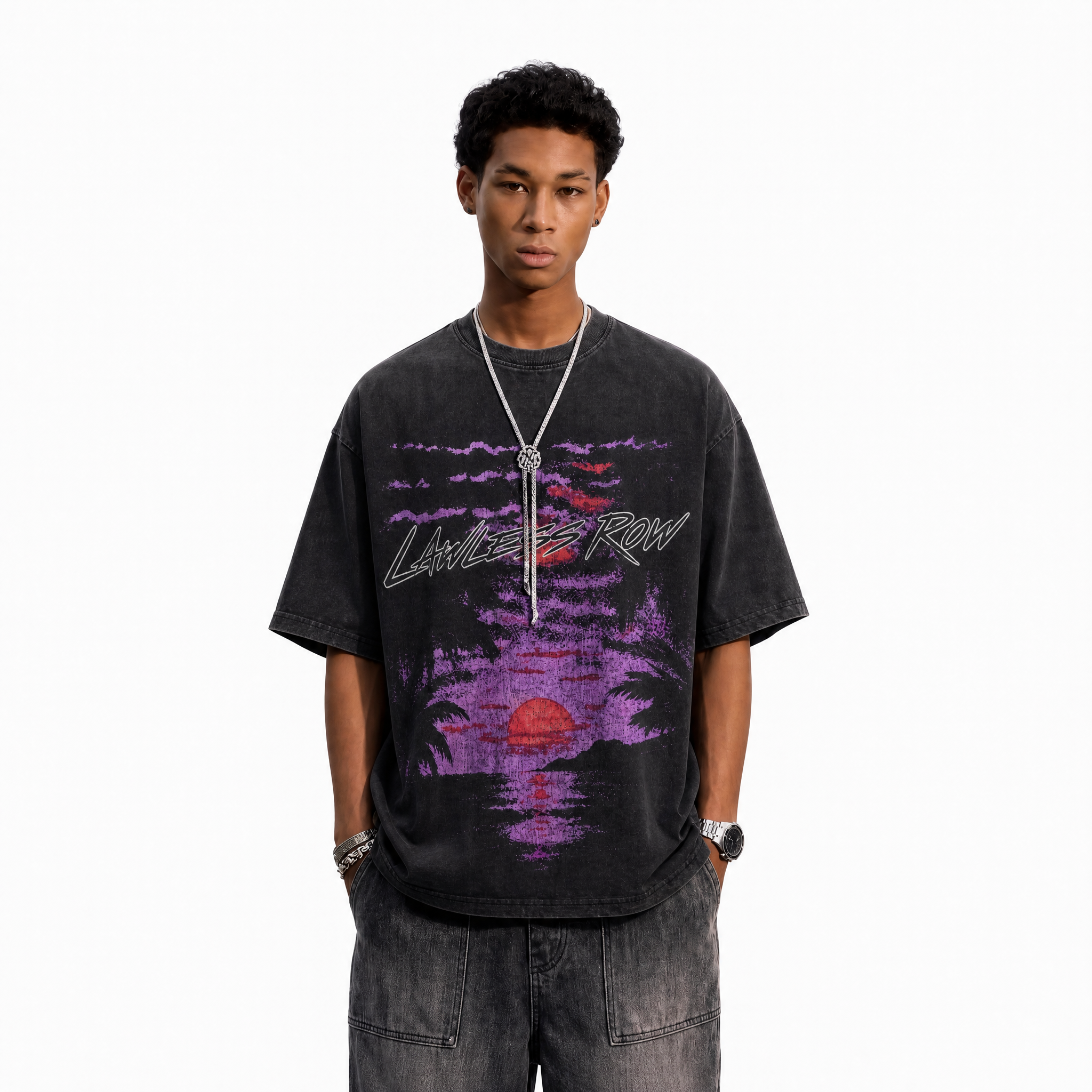 Vintage Acid Wash LAWLESS ROW Purple Sunset Palm Oversized Graphic T-Shirt