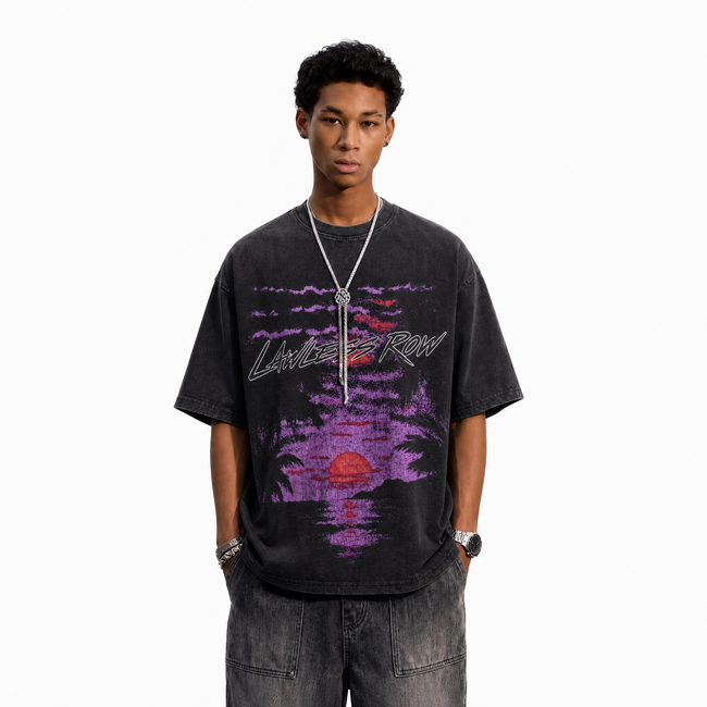 Vintage Acid Wash LAWLESS ROW Purple Sunset Palm Oversized Graphic T-Shirt Main Image