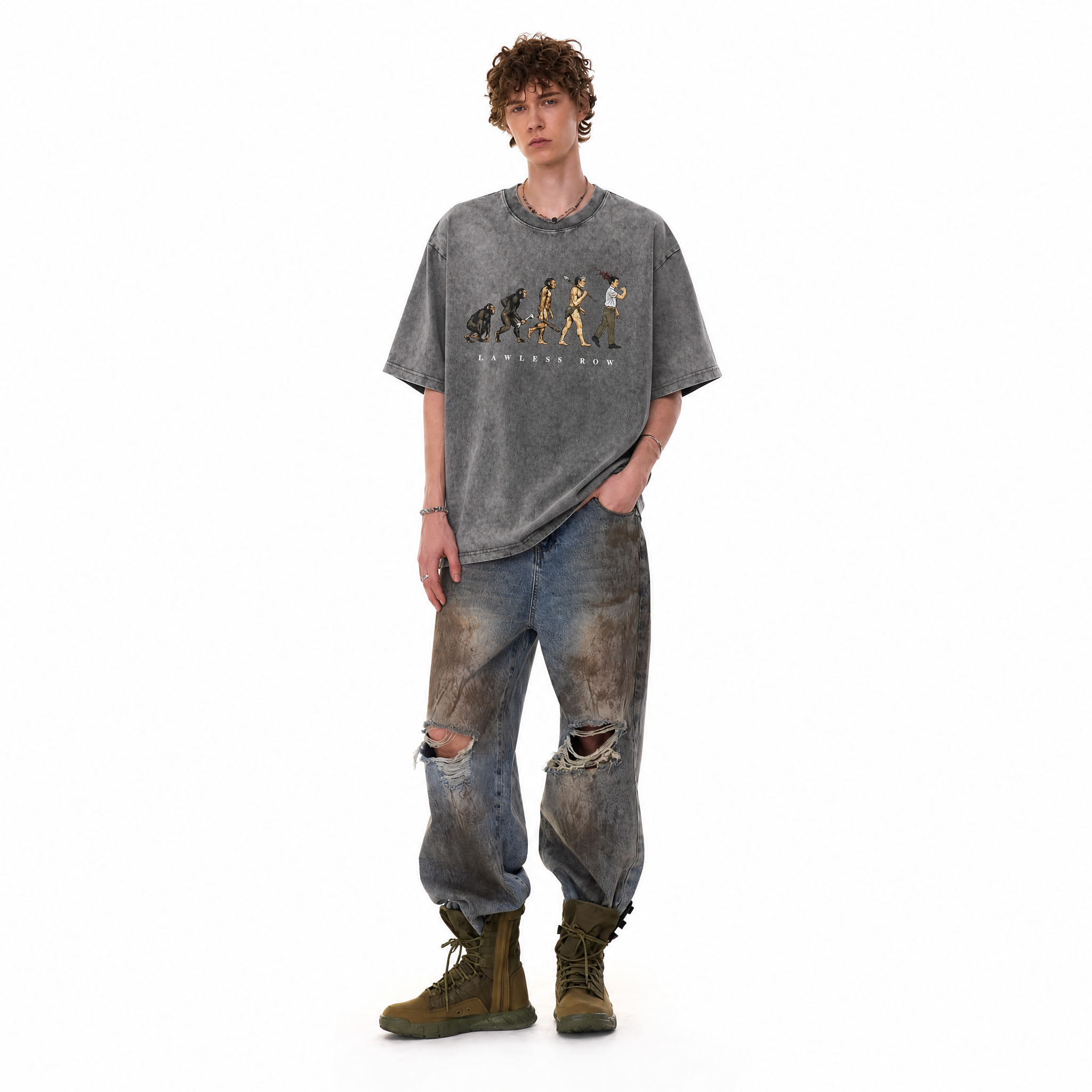 Vintage Acid Wash Lawless Row Evolution Parody Graphic Oversized T-Shirt
