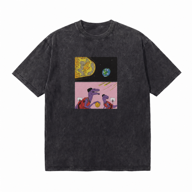 Vintage Acid Wash Dinosaur Basketball Asteroid Parody Oversized Graphic T-Shirt Hover Image
