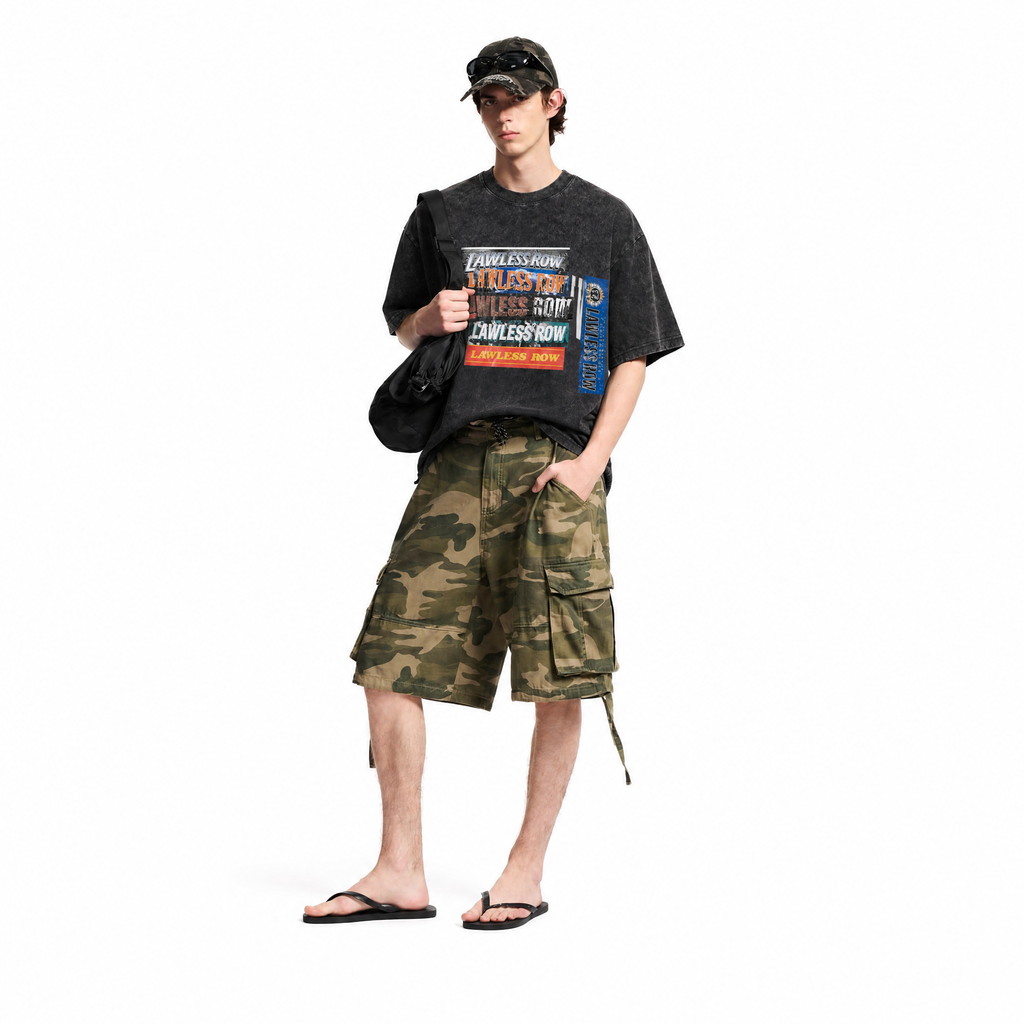 Vintage Acid Wash LAWLESS ROW Layered Logo Collage Oversized Graphic T-Shirt
