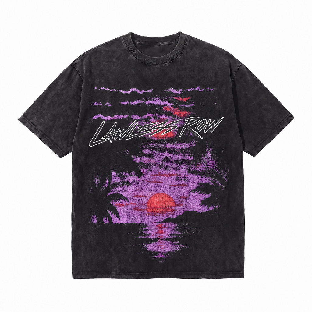 Vintage Acid Wash LAWLESS ROW Purple Sunset Palm Oversized Graphic T-Shirt