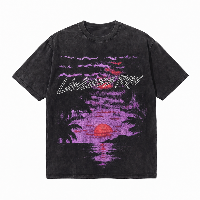 Vintage Acid Wash LAWLESS ROW Purple Sunset Palm Oversized Graphic T-Shirt Hover Image