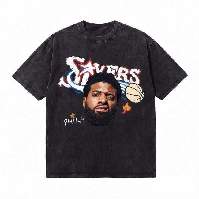Vintage Acid Wash Basketball Star Oversized Graphic T-Shirt Hover Image