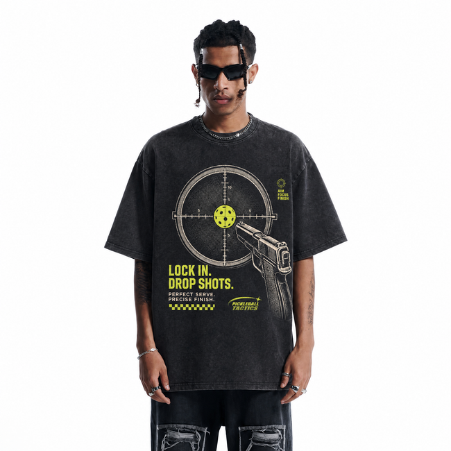 Lock In Drop Shots Pickleball Washed Black Oversized T-Shirt | Tactical Court Tee Main Image