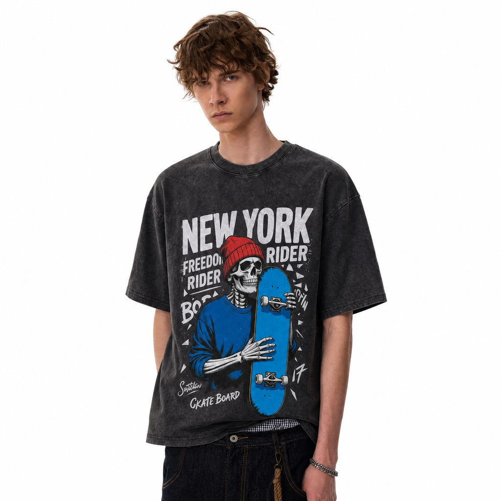 New York Skateboard Skeleton Washed Black Oversized T-Shirt | Streetwear Grunge Tee