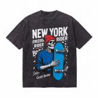 New York Skateboard Skeleton Washed Black Oversized T-Shirt | Streetwear Grunge Tee