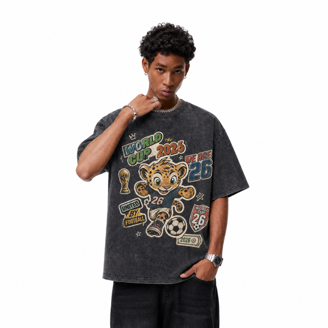 2026 World Cup Mascot Washed Black Oversized T-Shirt | Retro Soccer Fan Tee Main Image