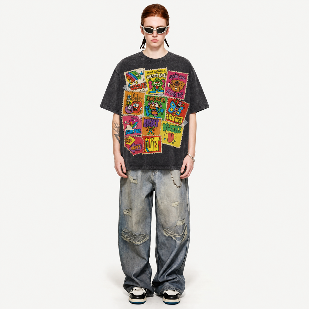 Retro Cartoon Stamp Collage Washed Black Oversized T-Shirt | 70s Groovy Streetwear Tee