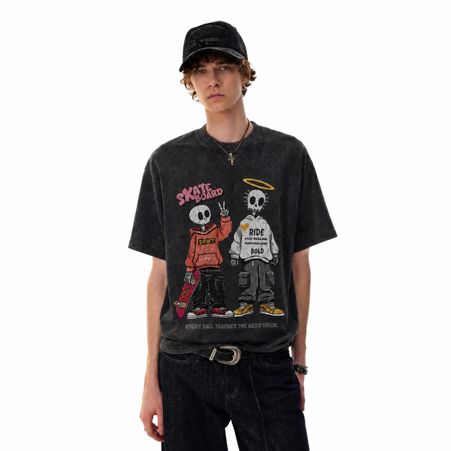 Skeleton Skateboard Duo Washed Black Oversized T-Shirt | Streetwear Skate Grunge Tee Main Image