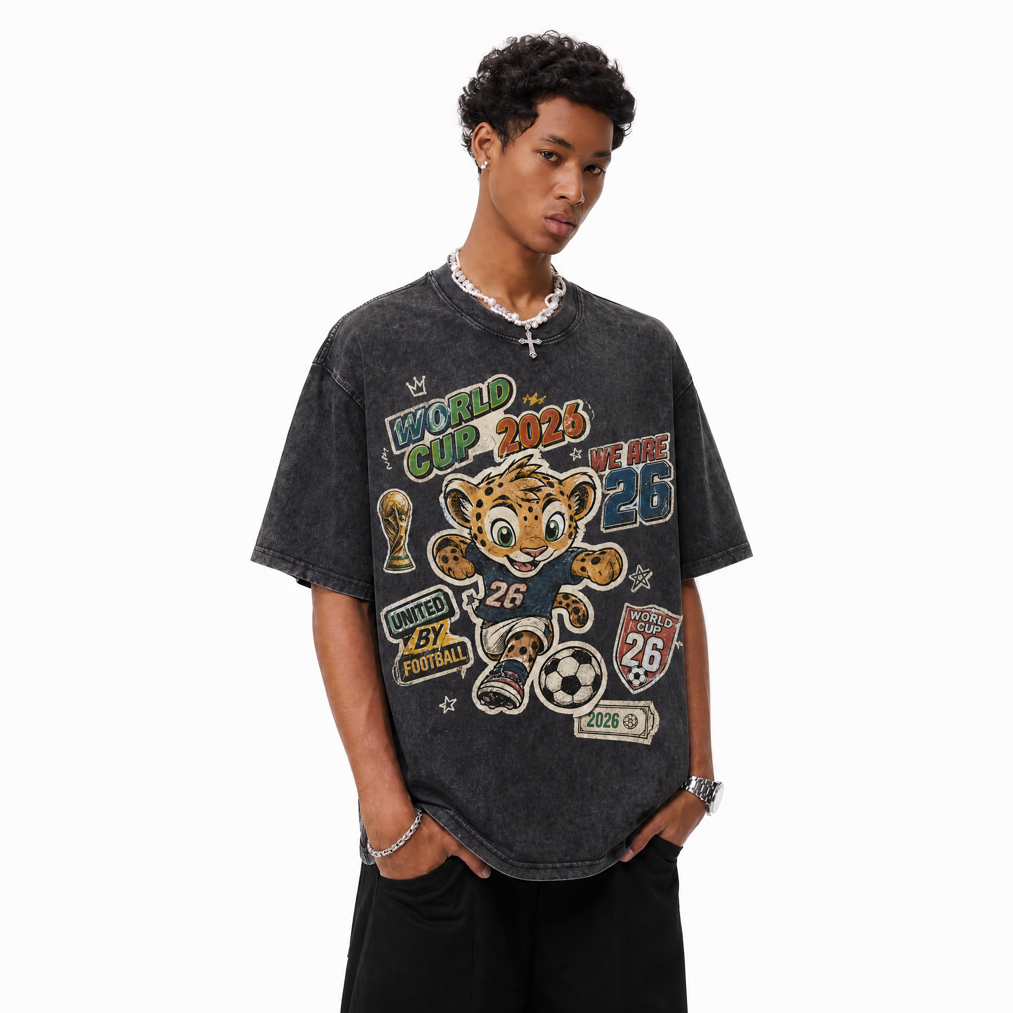 2026 World Cup Mascot Washed Black Oversized T-Shirt | Retro Soccer Fan Tee