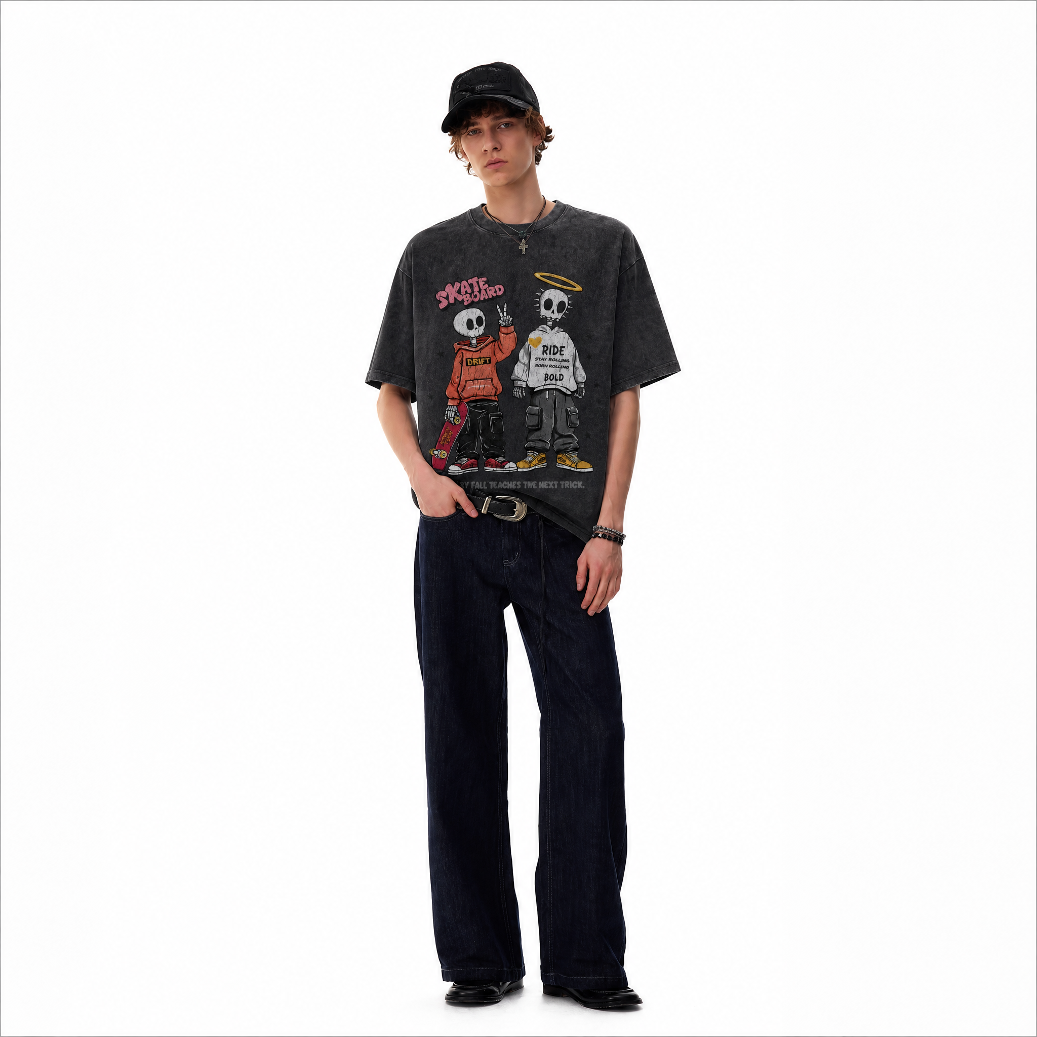 Skeleton Skateboard Duo Washed Black Oversized T-Shirt | Streetwear Skate Grunge Tee