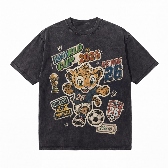 2026 World Cup Mascot Washed Black Oversized T-Shirt | Retro Soccer Fan Tee Hover Image