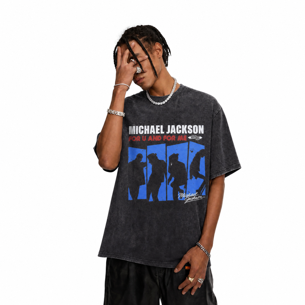 Michael Jackson “For U And For Me” Silhouette Washed Black Oversized T-Shirt | King of Pop Retro Tee
