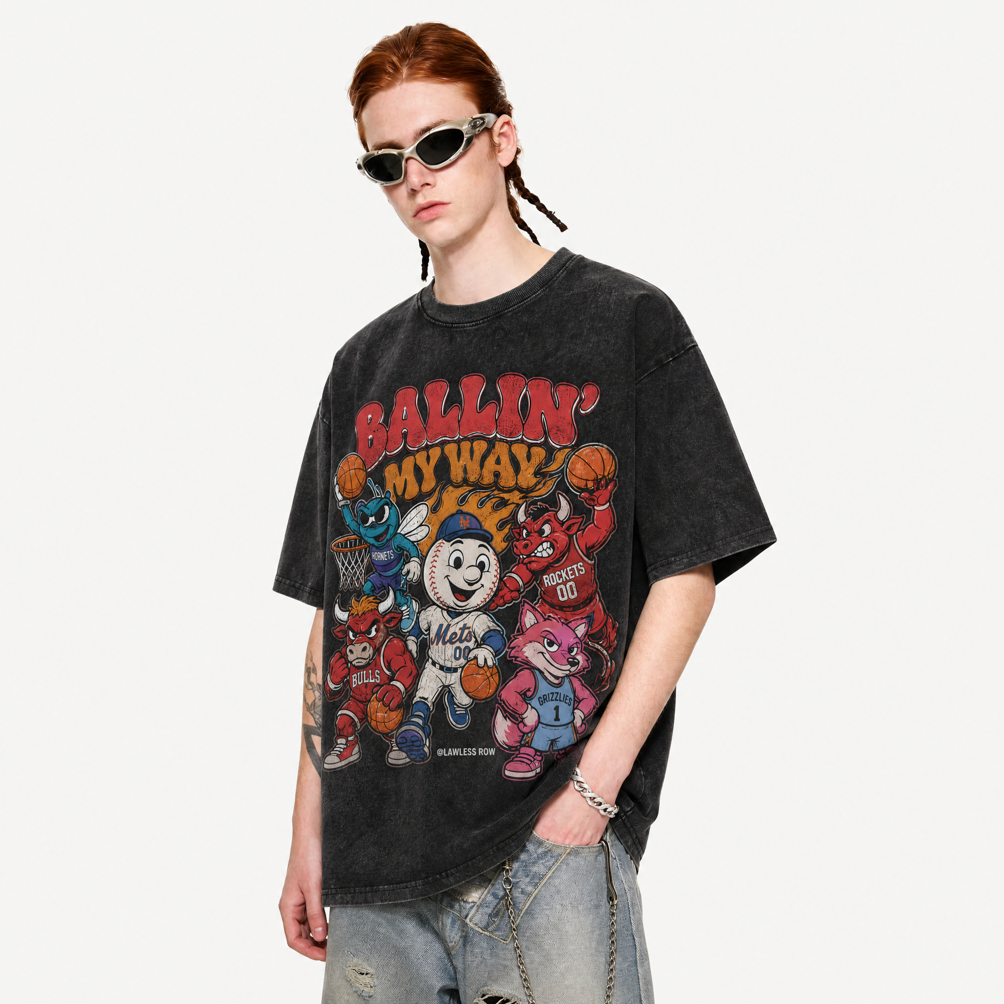 Ballin' My Way Mascot Collage Washed Black Oversized T-Shirt | Retro Sports Streetwear Tee