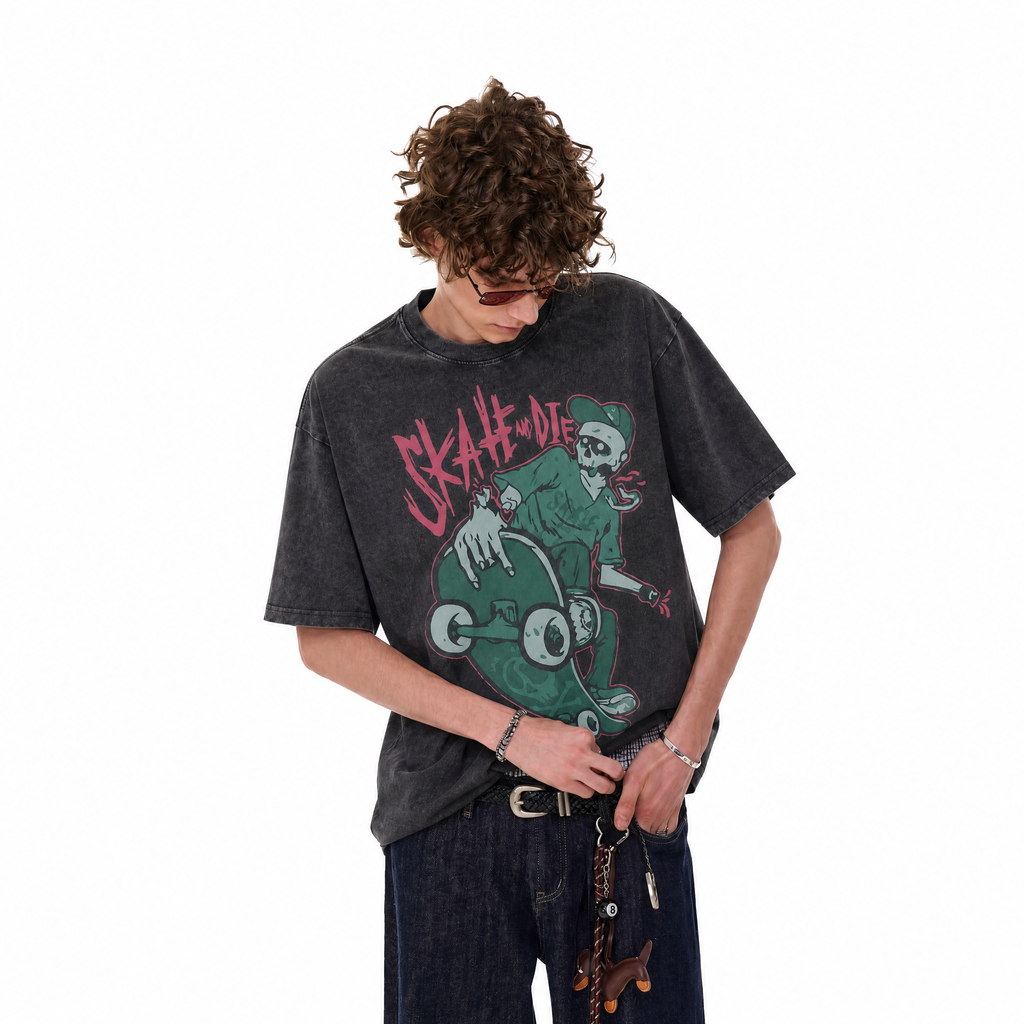 Vintage “Skate and Die” Skeleton Skater Graphic Tee | Punk Grunge Washed Oversized Streetwear T-Shirt
