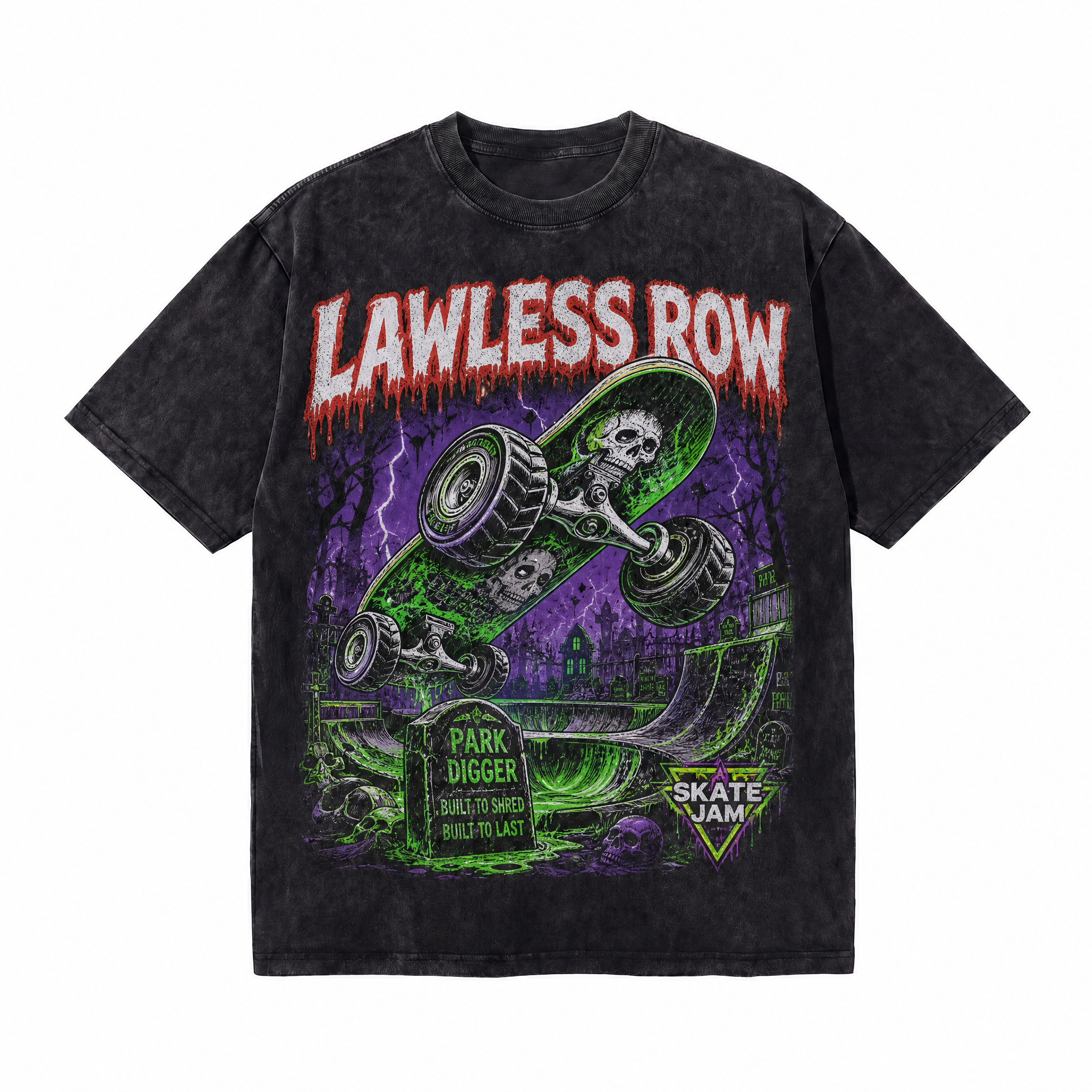 Lawless Row “Skate Jam” Graveyard Skate Washed T-Shirt | Retro Horror Oversized Streetwear Tee